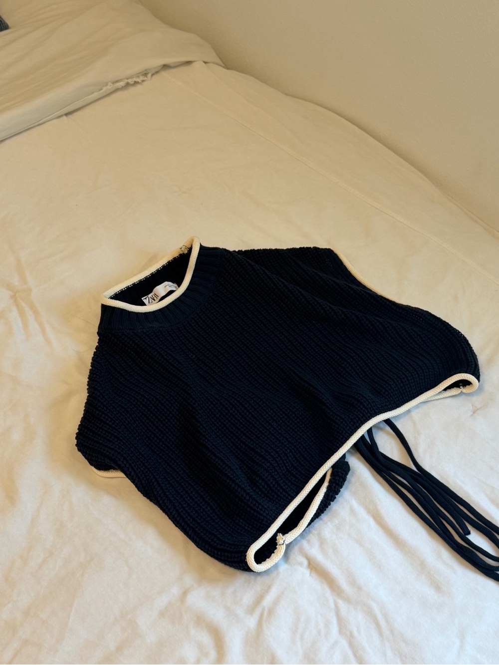 Zara Navy Knit Cropped Tank with Cream Trim